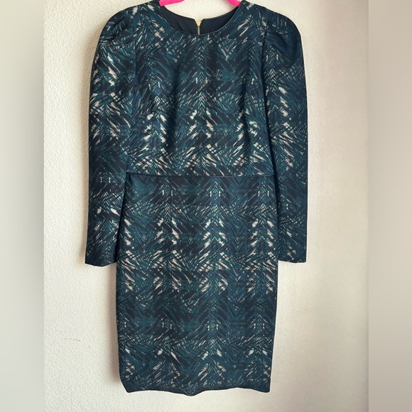 Donna Karan New York Dark Green Abstract Scuba Knit Leather Trim Sheath Dress 4 - Picture 2 of 13